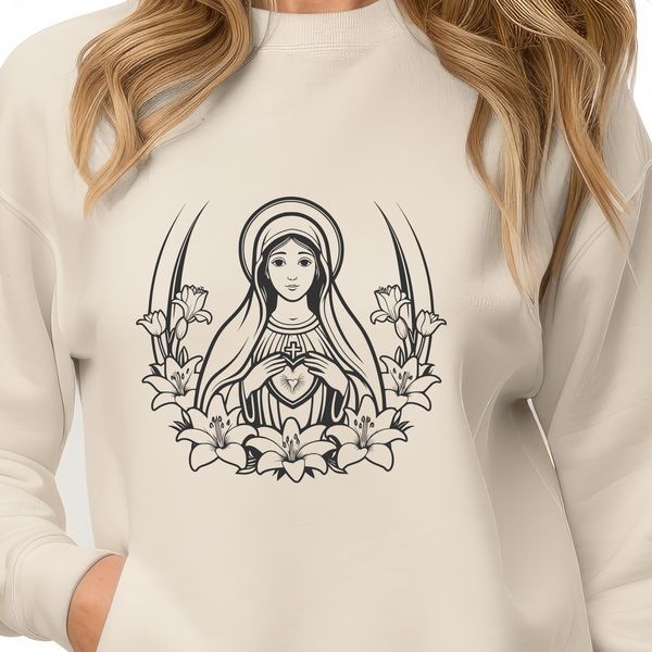 Floral Heart Illustration for Vector Art A stylized illustration of the Immaculate Heart with floral elements, suitable for vector art designs.