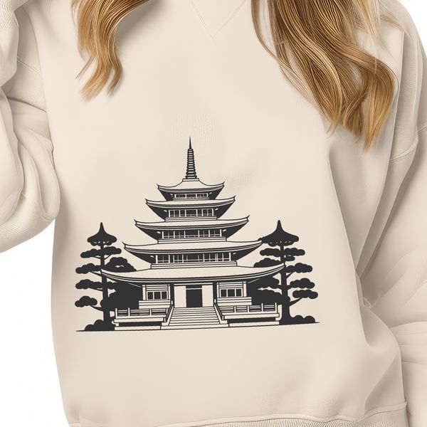 A stylized illustration of a traditional Buddhist temple structure with ornate architecture.