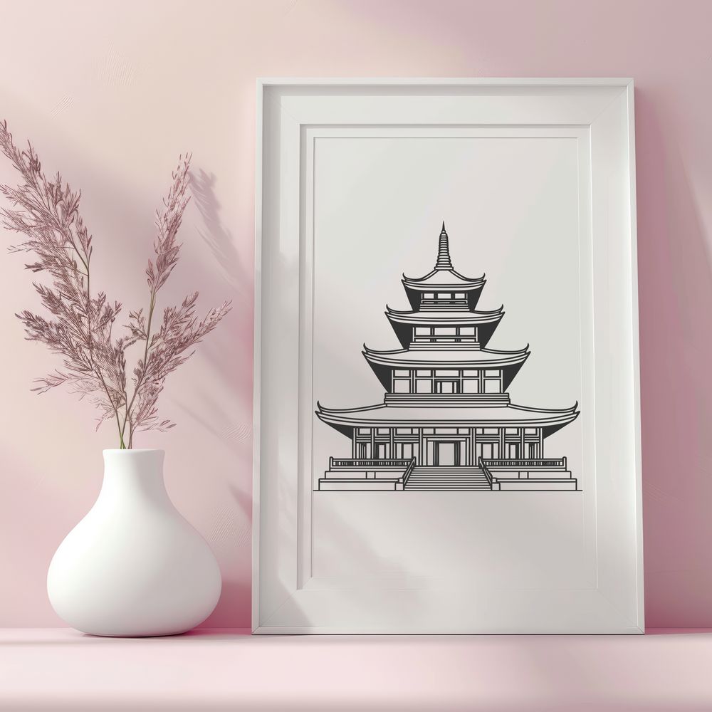 Ornate Buddhist Temple Illustration A detailed illustration of a traditional Buddhist temple with intricate architecture and ornate details.