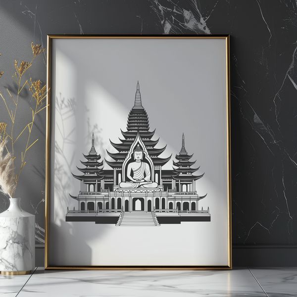 A Buddhist temple with intricate architecture, set against a simple background.
