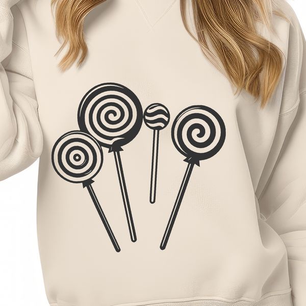 Vector graphic representation of a classic candy treat with swirly patterns and colors.