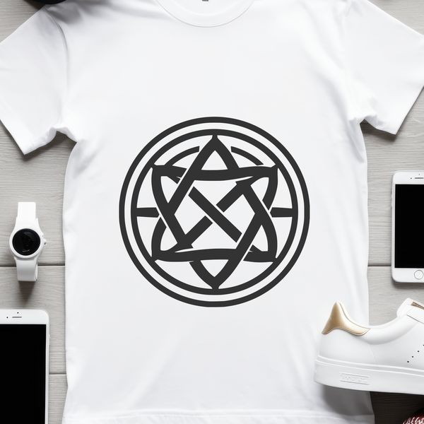 A detailed, ornate illustration of a Celtic design featuring intricate patterns and shapes.