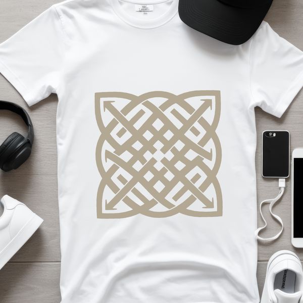 A stylized Celtic design featuring intricate shapes and patterns in ornate detail.