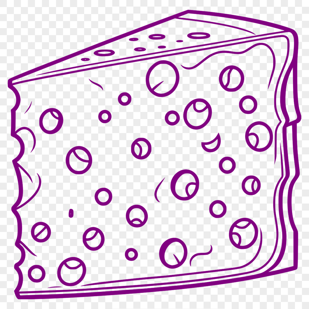 A detailed illustration of a wedge-shaped cheese with rounded edges and texture.