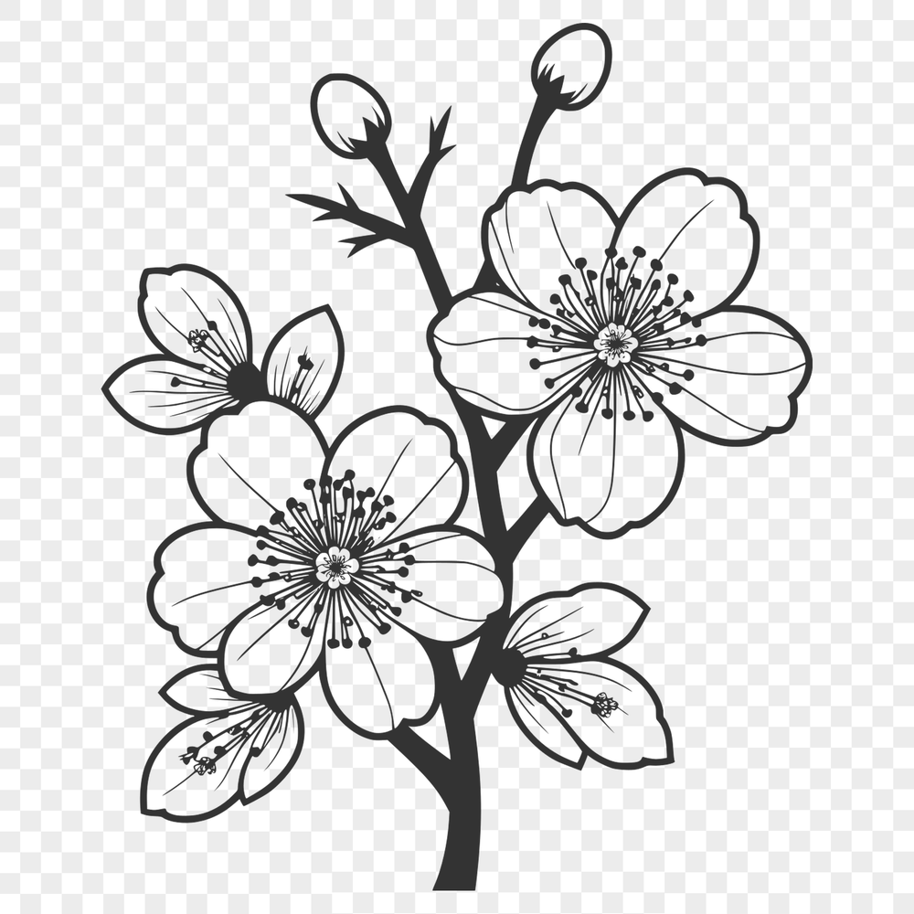 Pink Blossom Art A stylized illustration of a cherry blossom in full bloom, featuring delicate pink petals and a green stem.