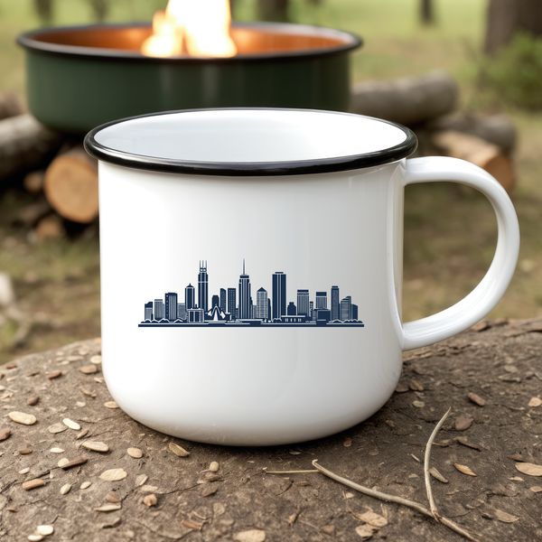 Illustrative city skyline with modern buildings and skyscrapers.