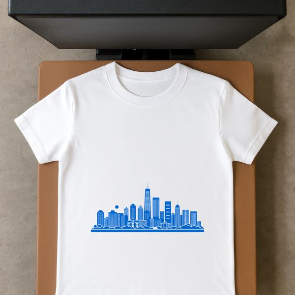 A digital representation of a city skyline at sunset, with modern skyscrapers and bustling streets.