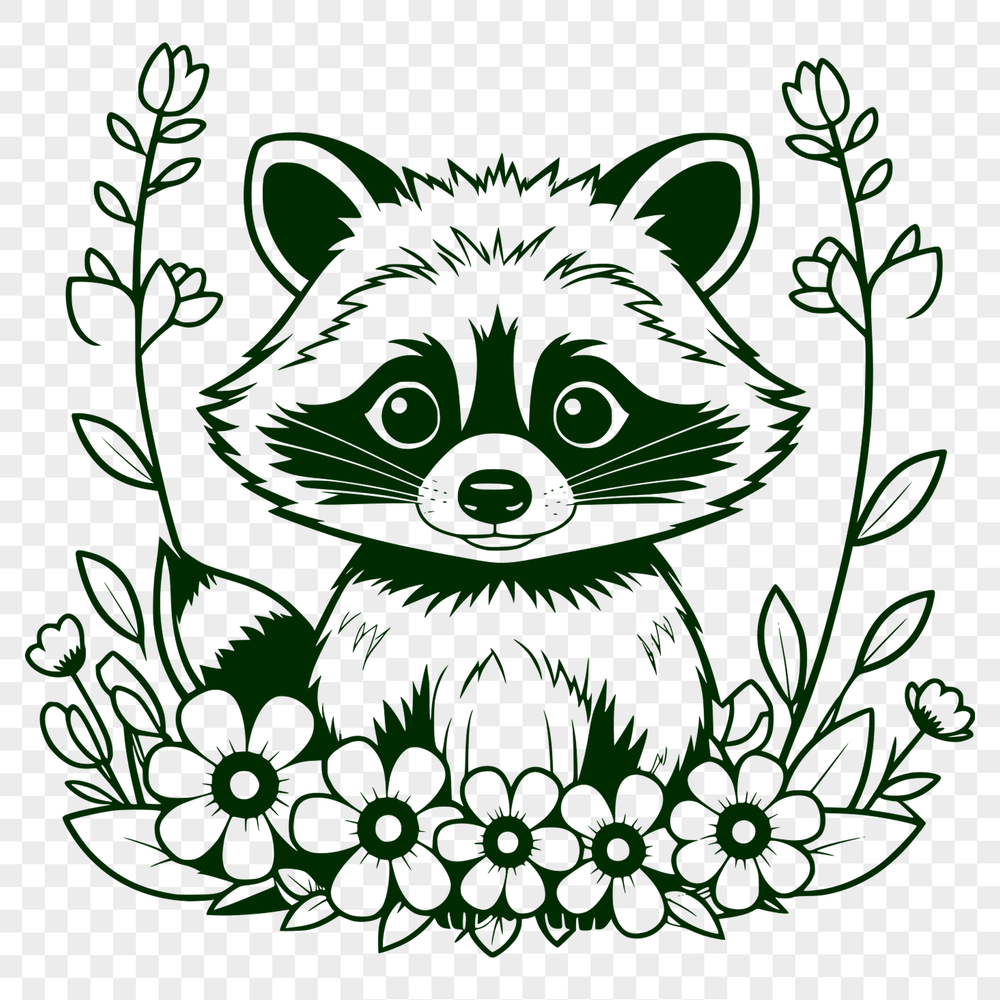 Raccoon in Floral Bloom SVG Design A vector graphic design featuring a raccoon in a floral setting, suitable for cutting machines or laser cutters.