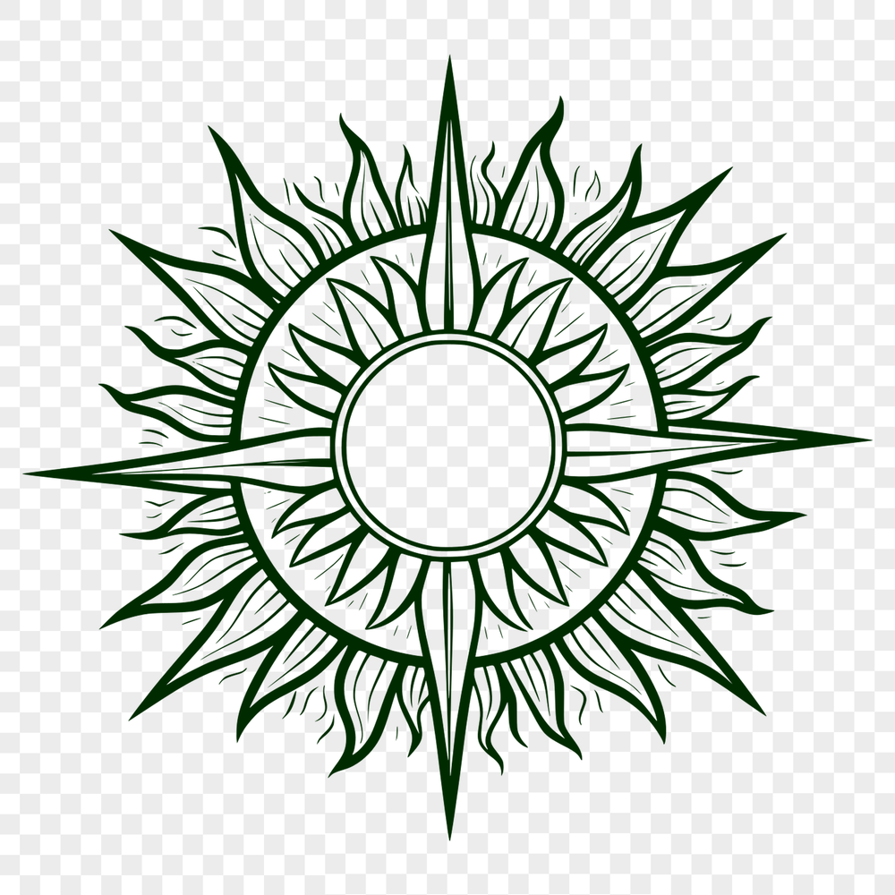 A stylized illustration of the sun with rays extending outward.