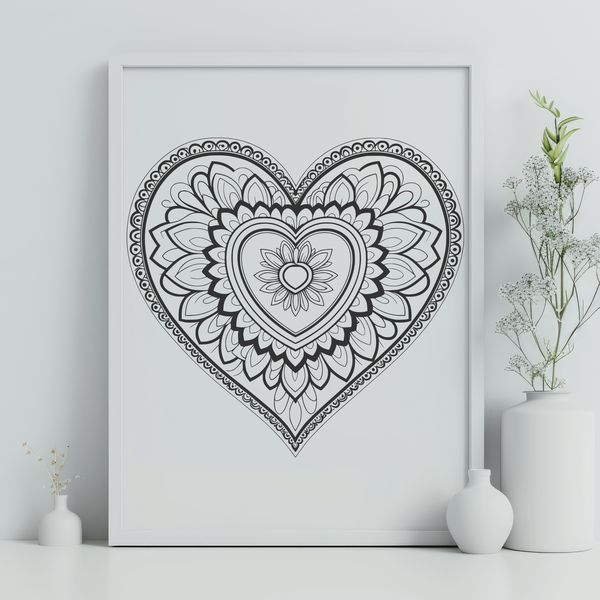 An intricate mandala design in the shape of a heart, suitable for vector art projects.