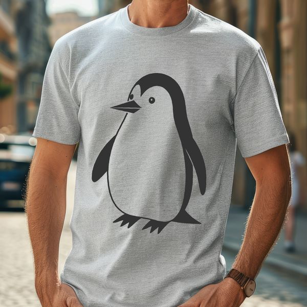 A single penguin standing on the ice with a simple background.