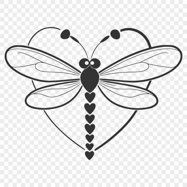 Whimsical Dragonfly Vector Art with Love Theme A colorful dragonfly with love hearts surrounding its body, designed as vector art for digital use.
