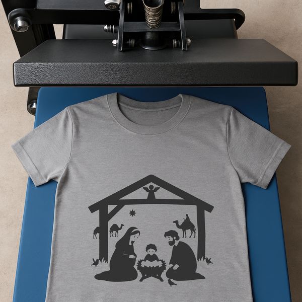 SVG illustration of the Nativity scene with Mary, Joseph, and baby Jesus surrounded by angels and shepherds.