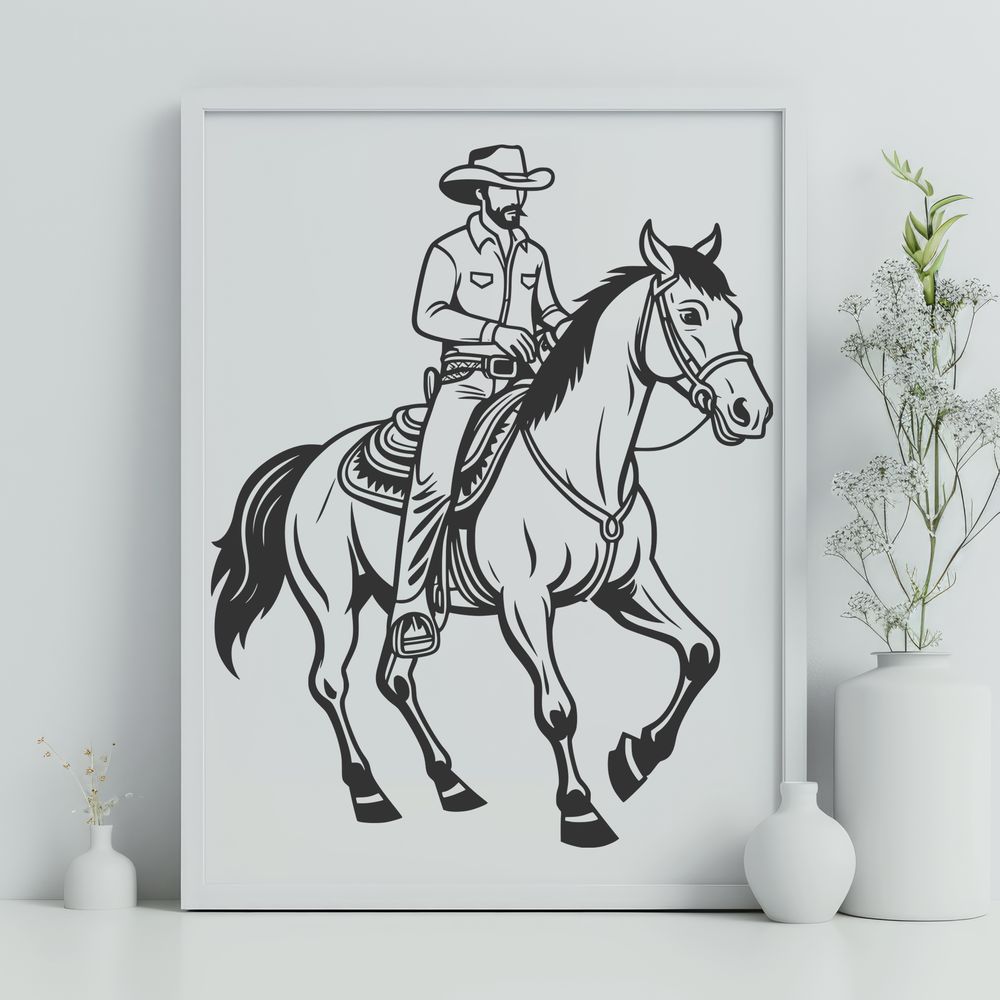Free Vector Horse Silhouette A cowboy riding a horse in the open range, illustrated in vector format for digital design.