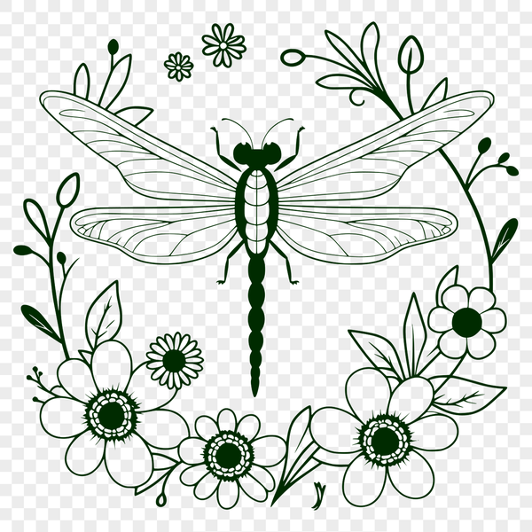 Vibrant Floral Dragonfly Design A colorful, floral-patterned dragonfly with intricate details and patterns, suitable for use in digital designs.