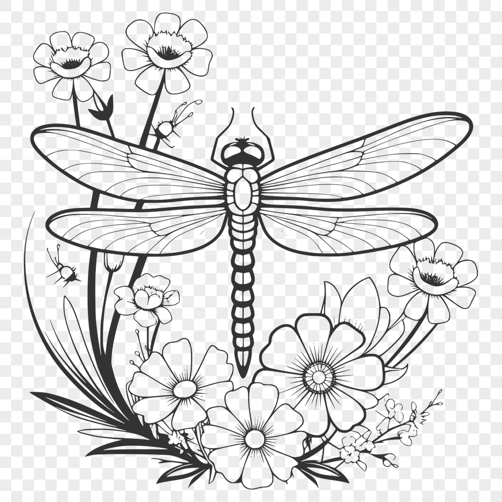 Dragonfly Illustration with Floral Accents A detailed illustration of a dragonfly surrounded by floral elements.