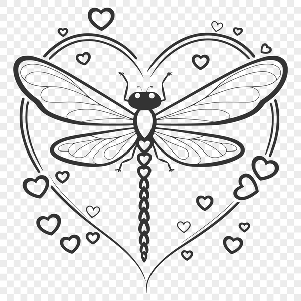 Vibrant Dragonfly Design with Heart Elements A colorful dragonfly design with love hearts, suitable for vector art projects in Illustrator or Procreate.