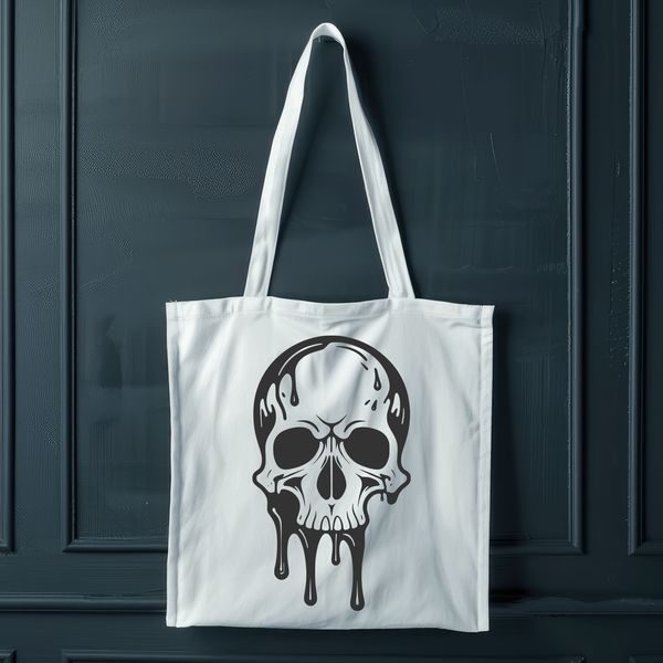 A graphic illustration of a dripping skull in a gothic style.