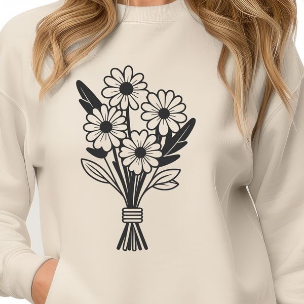 A stylized floral arrangement featuring a collection of flowers tied together with a ribbon.