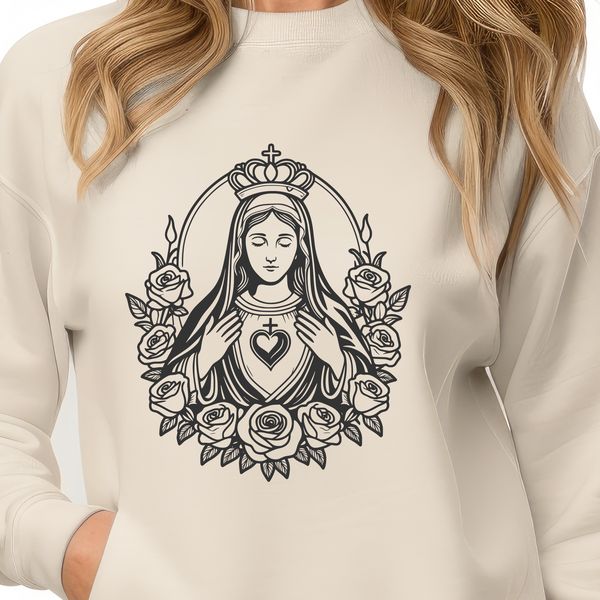 A stylized floral design featuring the Immaculate Heart, suitable for vector art projects.