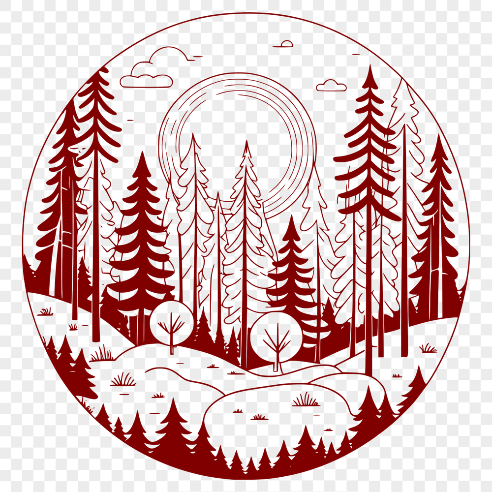 Dense Forest Scene SVG Clip Art A dense forest landscape with tall trees and foliage, suitable for use in digital design and crafting projects.