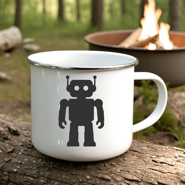 A metallic robot figure with gears and wires, suitable for digital cutting machines.