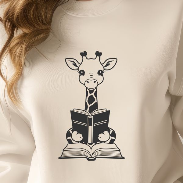 Whimsical Safari Icon A cartoon-style illustration of a giraffe reading a book, suitable for various digital applications.