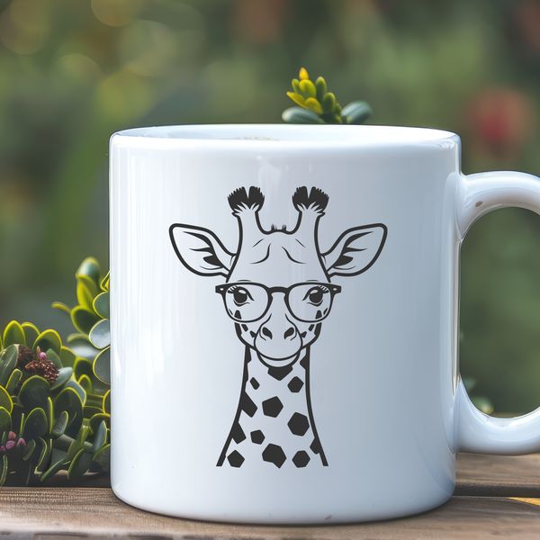 Whimsical Savannah Gentle Giant A giraffe with glasses standing in a savannah landscape.