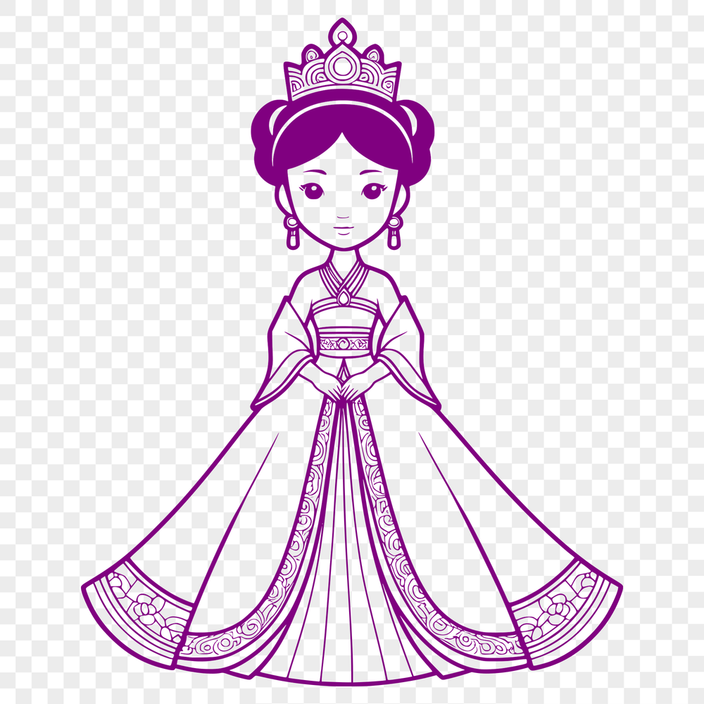 A young female princess in a formal gown stands with regal confidence.