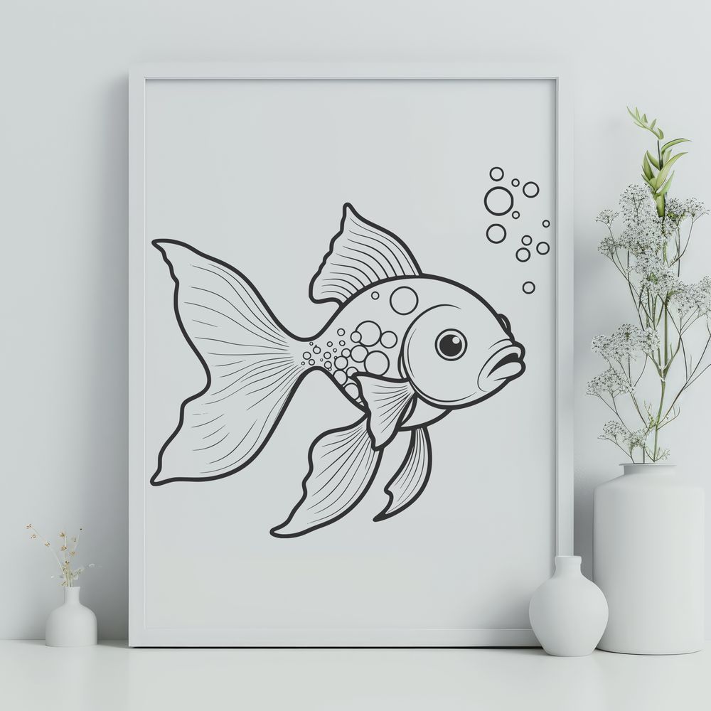 Vibrant Aquarium Scene A colorful illustration of a goldfish swimming in a circular bowl.