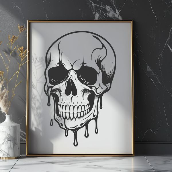 Gothic Drip Art SVG Design A stylized illustration of a dripping skull, suitable for Halloween decorations.