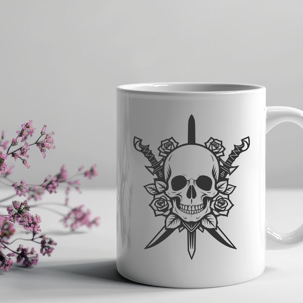 Decorative Skull Illustration with Rose Motif A stylized illustration of a skull decorated with a rose, suitable for vector design projects.