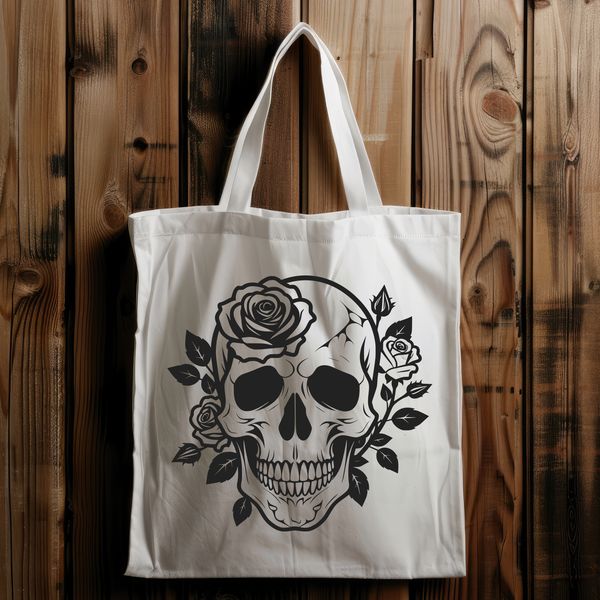Beautiful Rose Embedded Skull Design A stylized, gothic-style skull illustration with intricate details and a single rose embedded in the forehead.