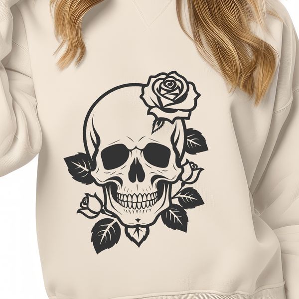 Floral Patterned Gothic Skull SVG A stylized illustration of a Gothic-style skull surrounded by intricate floral patterns.