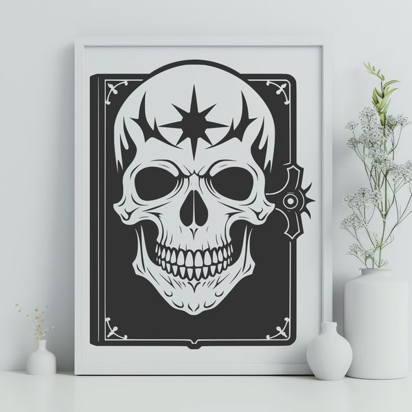 Dark Gothic Design Element A stylized, detailed SVG illustration of a Gothic-inspired skull with intricate design elements.