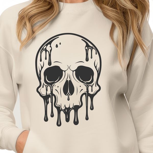 Halloween Drip Skull Design A stylized illustration of a dripping skull, suitable for Halloween-themed designs.