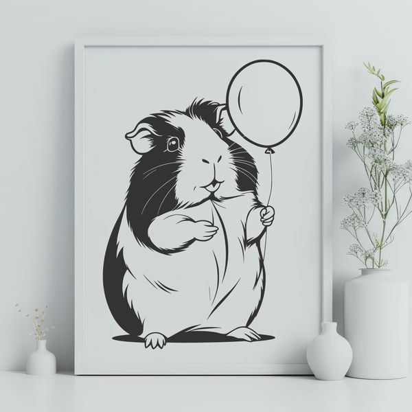 Whimsical Guinea Pig Design A cute guinea pig sitting on a colorful background with a red balloon above it.