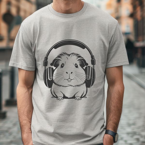 Cute Guinea Pig Silhouette with Headphones SVG illustration of a cute guinea pig wearing headphones.