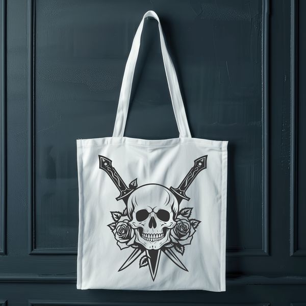 Gothic Dagger Skull Decor A stylized Gothic skull with a dagger protruding from the forehead, surrounded by intricate details.