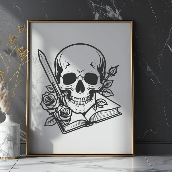 Stylized Dagger Skull Clip Art A stylized skull with a dagger at its forehead, surrounded by a rose motif, suitable for Halloween designs.