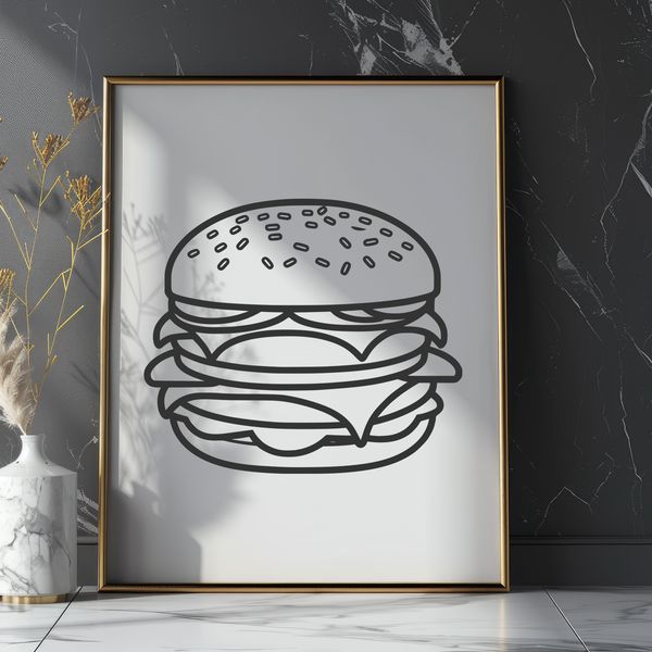 Minimalist Hamburger Design SVG A minimalist illustration of a hamburger made up of a bun, patty, lettuce, cheese, tomato, and condiments.