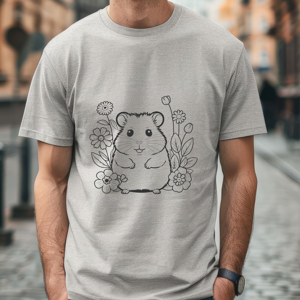 Whimsical Hamster in Blooms A small, cute hamster surrounded by simple floral patterns.