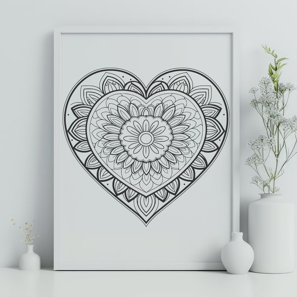 A intricate heart design featuring a mandala pattern, ideal for crafting and personal projects.