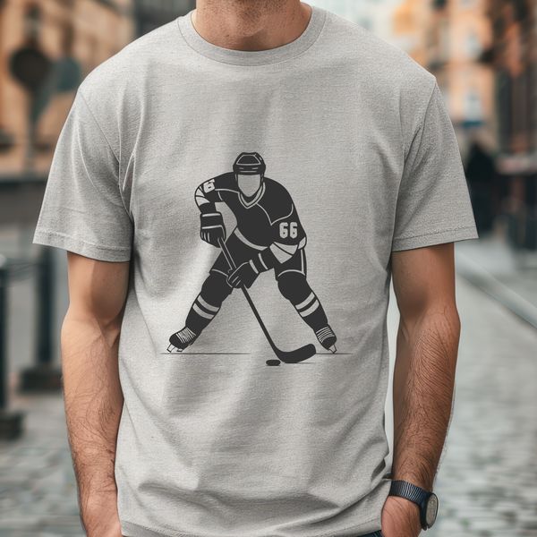 A stylized illustration of a hockey player in mid-game action.