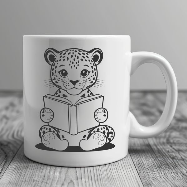 Cartoon Jaguar Reading a Book A large cat with spots reading a book in a cartoon style.