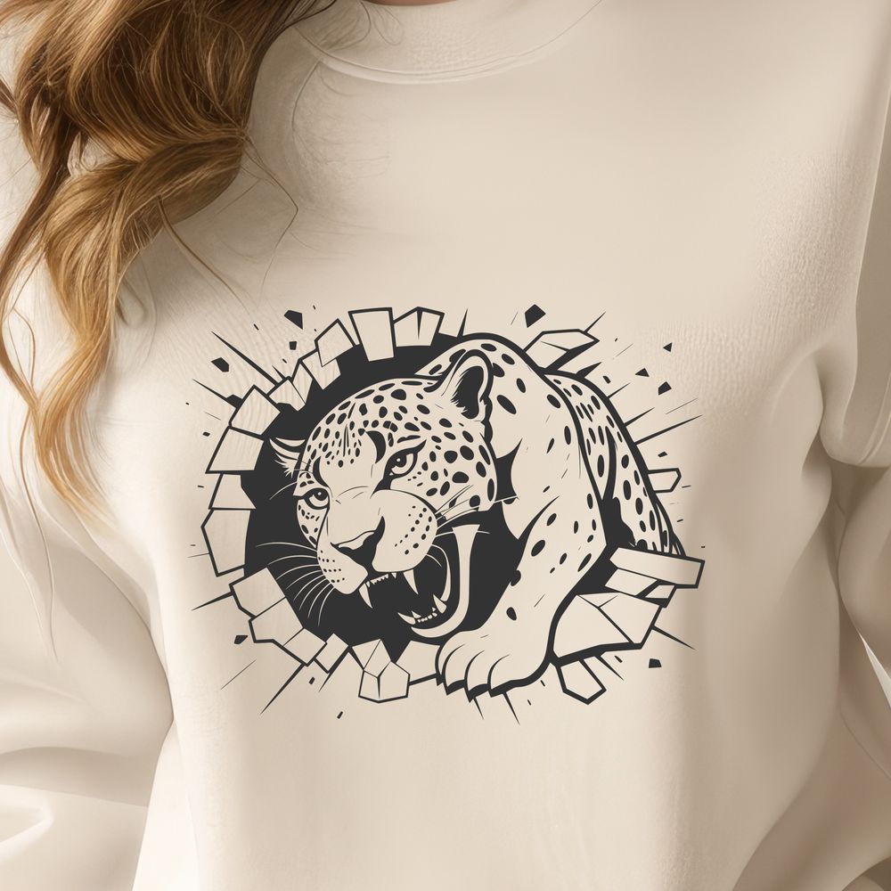 Powerful Feline in Action A sleek and powerful big cat with distinctive spots, ready to smash through a wall.