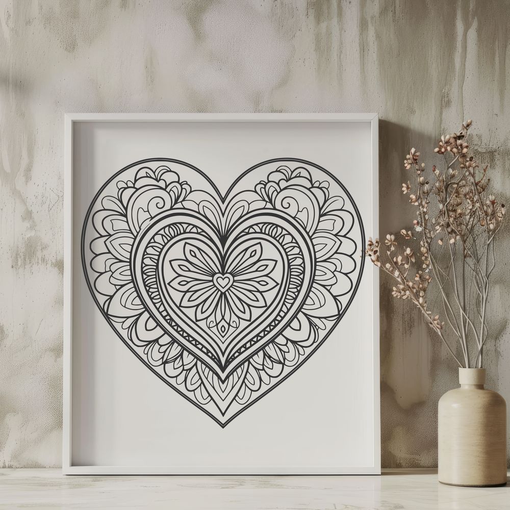 Scalable Vector Graphic Artwork - Heart Centered Mandala A colorful mandala design featuring a heart shape at its center, created as a scalable vector graphic (SVG) file.
