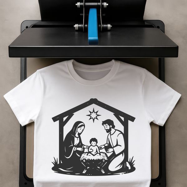 A traditional Christian nativity scene illustration featuring the Holy Family and angels in a rustic setting.