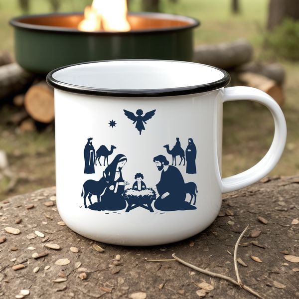 A traditional Christmas nativity scene featuring the Holy Family, depicted in a simple and elegant style.