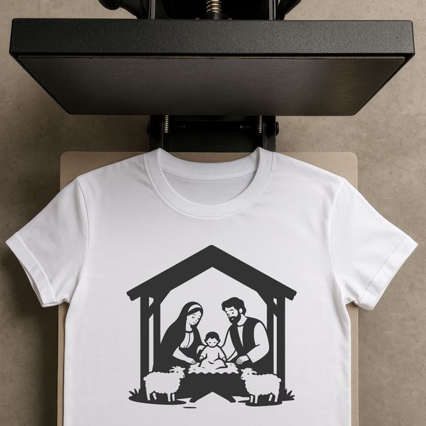 A traditional Christmas nativity scene with Mary, Joseph, and the newborn Jesus, set against a serene night sky.